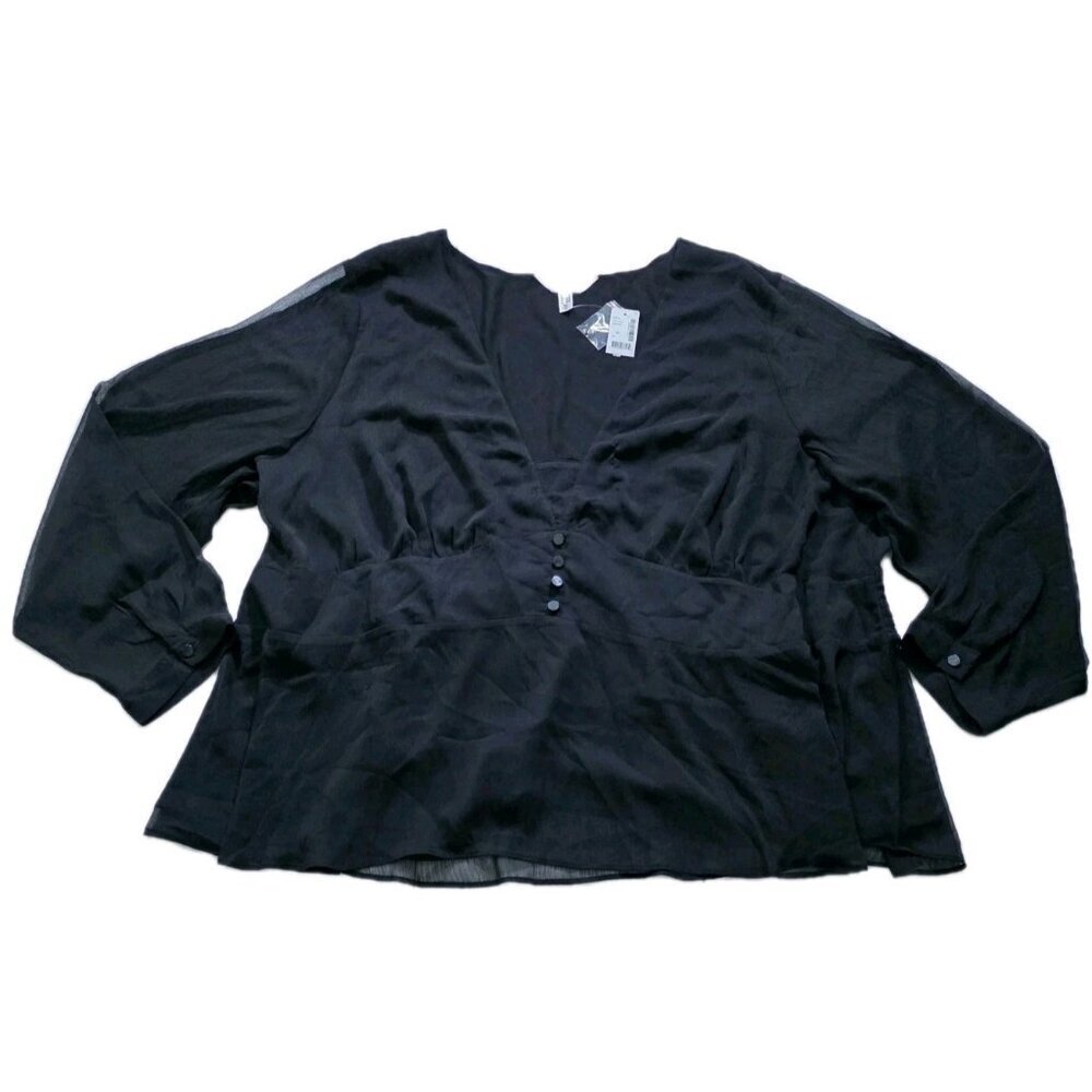 Addition Elle Top Womens 5X Black LS Chiffon Lined Baby Doll Smocked Mature Goth